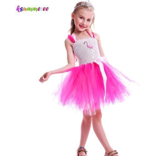 Kids Girls Flamingo Tutu Dress Sleeveless Summer Party Tulle Gown Girl Princess Fancy Fluffy Dress for Birthday Photo Clothing