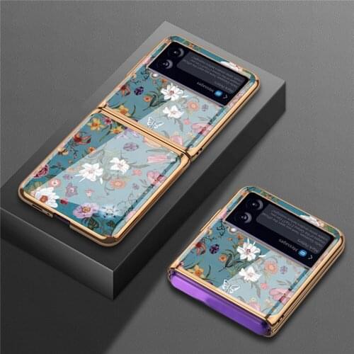 For Samsung Galaxy Z Flip 3 Electroplated Glass Phone Case Retro Floral Pattern Phone Cover Protector