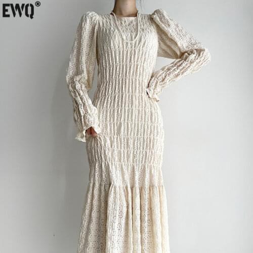 [EWQ] Elegant Ruffles Patchwork Dress Women Long Solid Vestidos O Neck Pullover Robe Spring Hollow Design Cotton Clothing 16W847