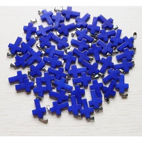 Fubaoying Stone Cross Pendant Necklace Charm Women Earrings Add Color Lapis Lazuli Wholesale 30pcs/lot For Jewelry Gift