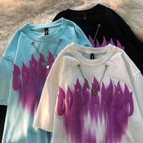 Love Print Plus Size Couple T-Shirt Summer Japanese Cute Loose Cotton Tees Oversized Japan Wave Cool Girl High Streetwear Casual