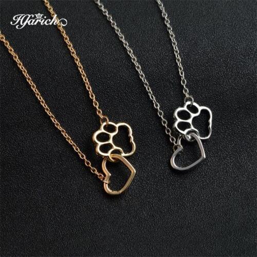 Hfarich Cute Hollow Heart and Cat Paw Footprint Necklace Women Trendy Animal Pendant Chain Necklace For Daughter Sister Gift