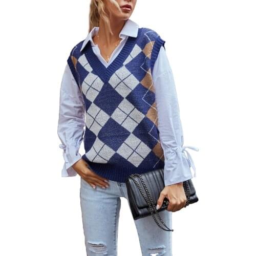Argyle Plaid Knitted Tank Top Female Knitwear Preppy Style Clothes V Neck Casual Crop Sweater Vest 90s Streetwear