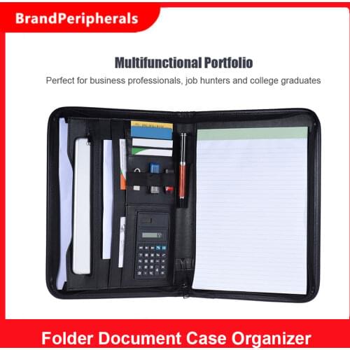 Multifunctional Business Zippered Portfolio Padfolio Folder Document Case Organizer A4 PU Leather Calculator Card Holder Memo