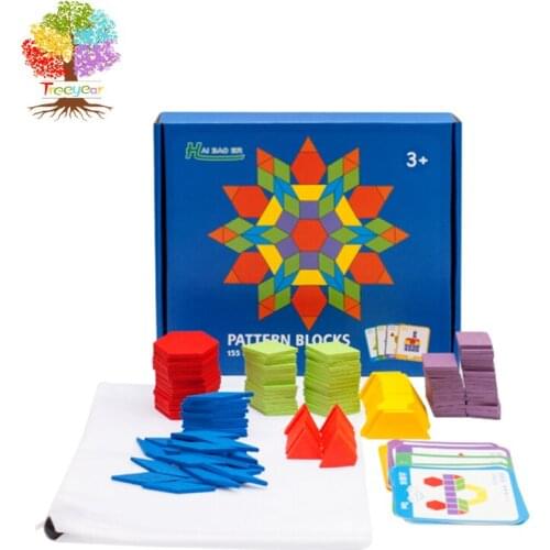 Treeyear 155 Pcs Wooden Pattern Blocks Set Geometric Shape Puzzle Kindergarten Classic Educational Montessori Tangram Toy