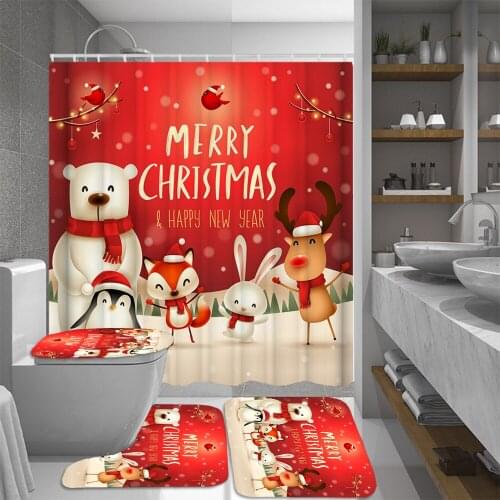 Snowman Rabbit Elk Polyester Waterproof Shower Curtain Sets Bathroom Curtains Toilet Cover Mat Non Slip Rug Set Christmas Decor