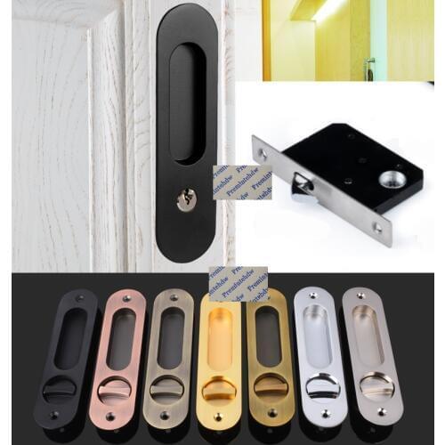 Oval-shaped Oval Mortise Sliding Wooden Pocket Door Lock Set Hook Bolt Recessed Flushed Finger Pull Thumbturn Matte Black Red Bronze Copper Chrome Nickel Brushed Gold