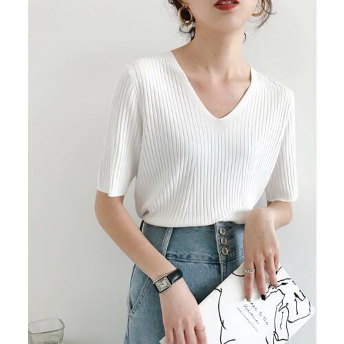 2020 New Women Shirts Knit Summer Shirts Women Clothing V-neck Knit Shirts T02