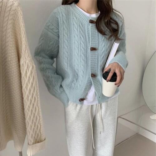 Obrix Female Sweet Soft Comfy Knitted Cardigan Single Breasted Casual Style Streetwear O-Neck Full Sleeve Loose Outfit For Women