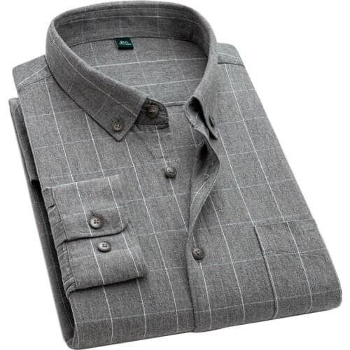 Aoliwen Autumn Long Sleeve Plaid Oxford Dress Shirts For Men Clothing Casual Plaid Social Winter Warm 100% Cotton Shirts 2021