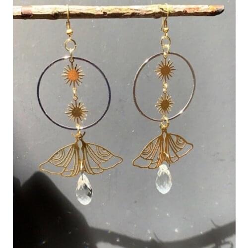 Moth suncatcher Earrings In Two Styles Statement Dangles Crescent with Crystals Earrings