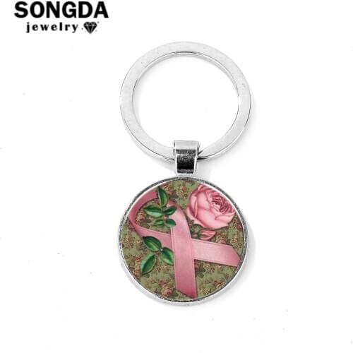 SONGDA Simple Garden Style Cute Pink Ribbon Keychain Breast Cancer Awareness Round Crystal Glass Cabochon Key Ring Sleutelhanger