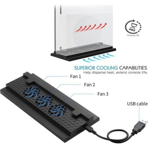For Xbox One Slim Cooling Dock Vertical Stand Built-in 3 High Speed Fans 2-Port USB Charging & Data Syncing for XBOXONE