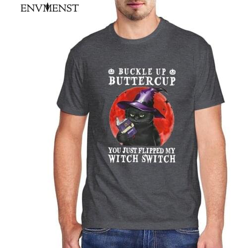 Funny Halloween Cat Graphic Short Sleeve Tee Tops Halloween Witch Vintage T-Shirt Men Clothing 100 Cotton Mens Shirts Cat Witch