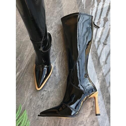 Fashion Woman Wooden Grain Strange Heels Black Red Grey Leather Knee Boots Pointed Toe Runway Boots Woman Back Stripe Zip Boot