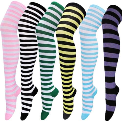 Women Over Knee Striped Stockings Long Socks Cosplay Thigh High Colorful Cute Elastic Socks 1 Pair One Size Lolita Girl Sox