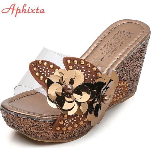 Aphixta Platform Heels Slides Sequined Wedge Slippers High Ladies Shoe Wedges Slippers Butterfly-knot Summer Shoes Woman