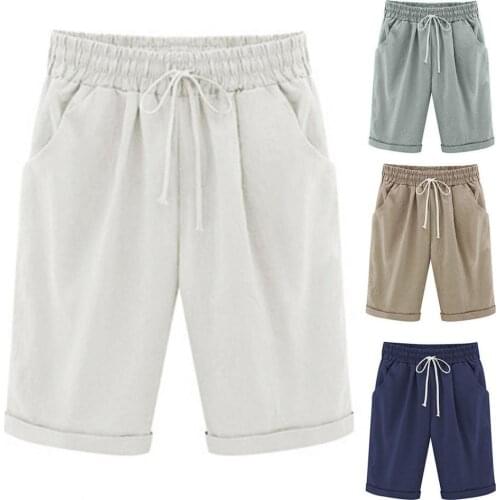 Women Shorts Solid Color Loose Summer Knee Length Pockets Shorts for Sports