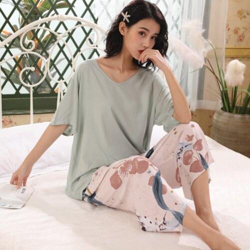 Womens Pajamas Set Leaves Print Pants Sleepwear Female Solid T-Shirt Cotton Nightwear Two Pieces Home Clothes Casual Homewear
