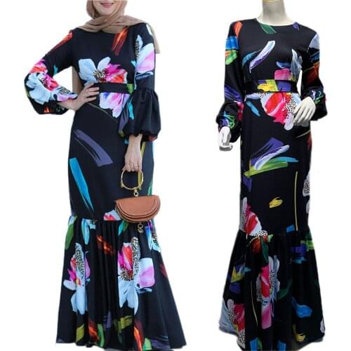 Abaya Muslim Women Ethnic Vintage Long Dress Ruffle Draped Design Long Sleeve Floral Printed Maxi Robe Middle East Ramadan Gown