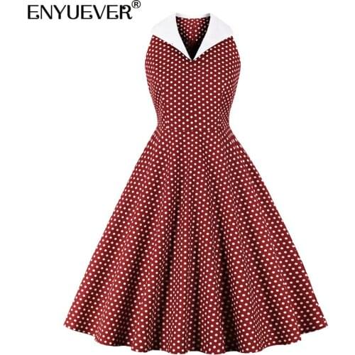 Enyuever Elegant Women Summer Dress Cotton V Neck Sleeveless Robe Pin Up Swing Flare Red Polka Dot Casual Dress Party Sundresses