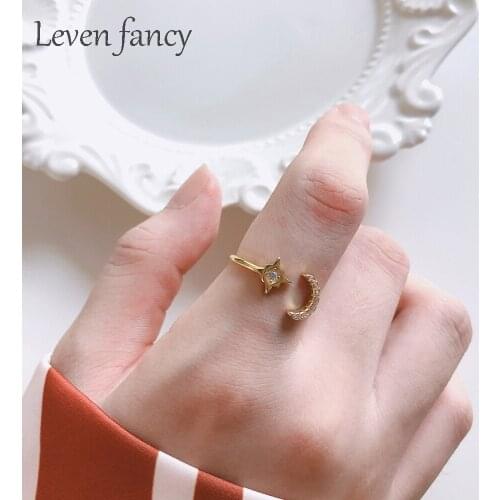 Leven Fancy Tiny Cresent Star Moon Rings for Girls Gold Wedding Jewelry 925 Sterling Silver Womens Ring with Clear Zircon Stone