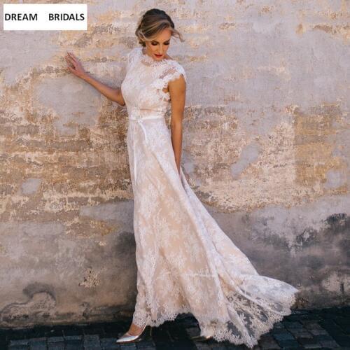 Vintage Champagne Bohemian White Lace Vestidos de Novia 2019 A Line Cap Sleeve Sexy Backless Bridal Gowns Wedding Dresses