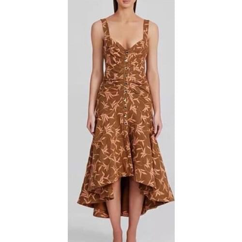 Fashion Women Runway 2021 Summer Spaghetti Strap White Flower Print Irregular Elegant Party Long Dress