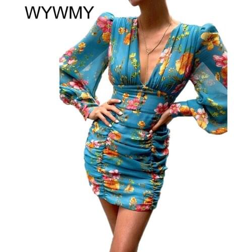 Sexy Summer Casual Fashion High Wasit Printed V Neck Womens Dress Autumn Elegant Slim Lantern Long Sleeves Bodycon Lady Dresses
