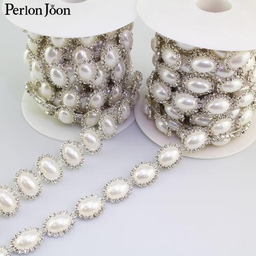 1 yard oval pearl array rhinestone trim plating silver flatback pearl crystal decorative chain clothing accessories ML092