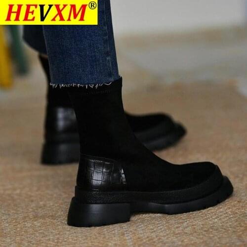 2021 New Female Fashion Slip On Low Heel Sewing Flock Platform Boots Womens Casual Comfortable Style Black Shoes Botas Mujer