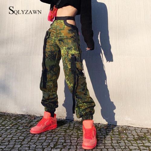 Camouflage Cargo Pants Buckle Lace-Up Big Pocket Casual Sweatpants Jogger Baggy Trouser Waist Houllow Out Pants Woman Streetwear