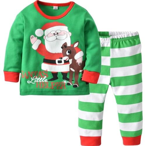 Childrens Home wear childrens wear Santa printed pajamas set Boys and Girls green striped pants two-piece set