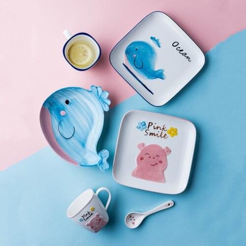 Ceramic Childrens Creative Dishes Set Childlike and Cute Home Kitchen Porcelain Plate Bowl Pig Animal China Tableware