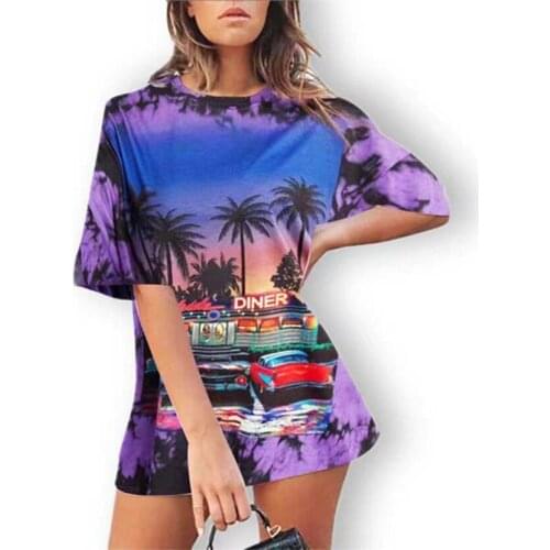 Purple Coconut Tree Car Graphic T Shirts Oversize Femme Casual Loose Tops Shirt Women 2021 Summer Short Sleeve Tee Shirt Femme