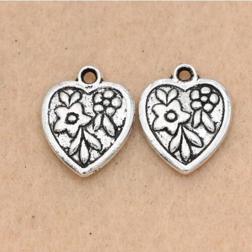 KJjewel Antique Silver Plated Heart Flower Charms Pendants Jewelry Making Bracelet DIY Jewelry Findings Handmade 17x13mm
