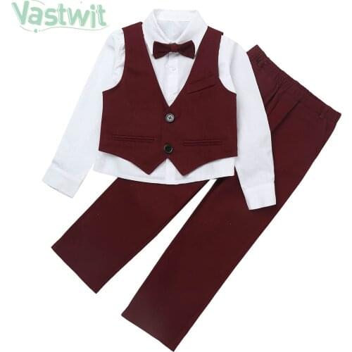 Kids Boy Clothes Set Boy Formal Suit Bow Tie Long Sleeve Shirt+V Neck Vest+Trousers 3Pcs Gentleman Wedding Birthday Party Outfit