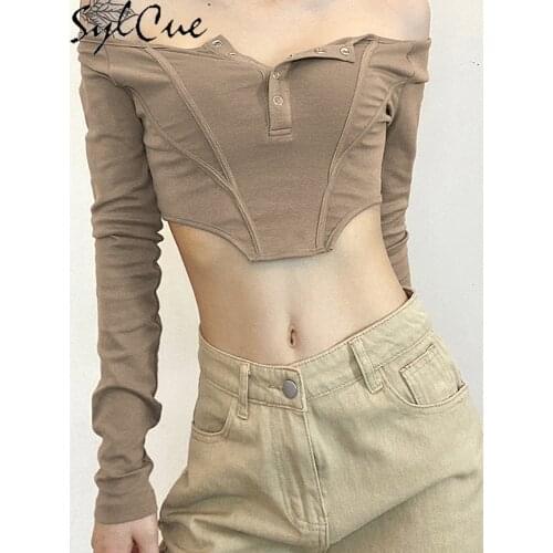 Sylcue Autumn new light brown crop top long sleeve T shirt with horizontal neck sexy shoulde tight t-shirts stretch slim soft