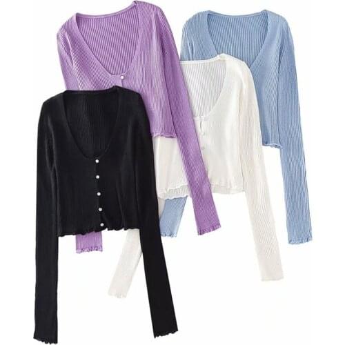 Summer Women Stylish Knitting Single-breasted Cardigan Woman Deep V-neck Long Sleeve Ribbed knitted sweaters Female Cardigan Top