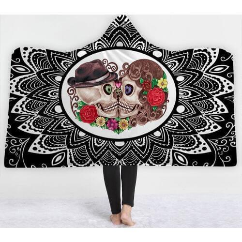 3D Printed Fashion Sugar Skull Flower Hooded Blanket for Adults Floral Gothic Sherpa Fleece Wearable Throw Dream Catcher Blanket