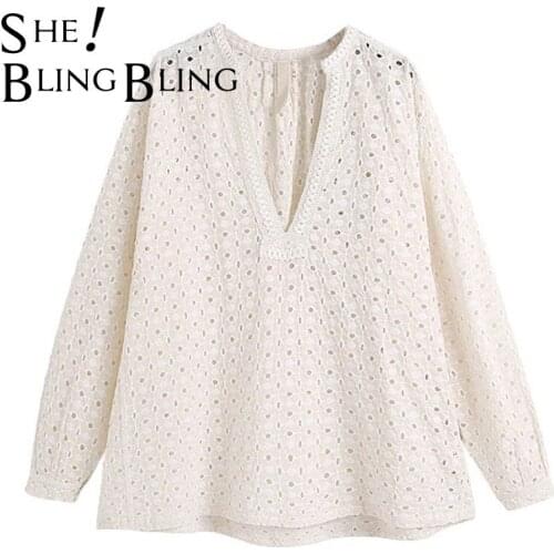 SheBlingBling Fashion Embroidery Hollow Out Summer Women Casual Blouses Deep V Neck Drop Shoulder Loose Tops Female Pullovers
