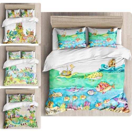 Watercolor Bedding Set Cartoon 2/3Pcs Duvet Cover For Kids Babies Home Textile Fish Quilt Cover Single Double Queen King Size
