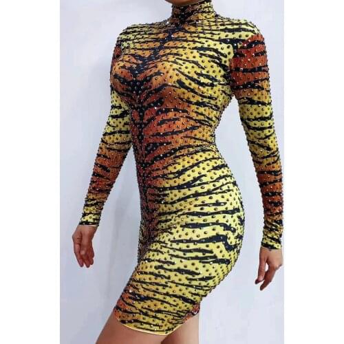 Sexy Tiger Pattern Printed Dress Rhinestones Stretch Mini Dress Singer Performance Wear Womens Birthday Celebrate Party Dress