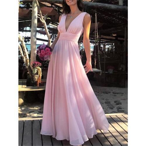 Beautiful Pink Prom Dress 2019 Chiffon V-neck Pleated A Line Sleeveless Elegant Simple Girls Prom Party Gowns robe de bal gala