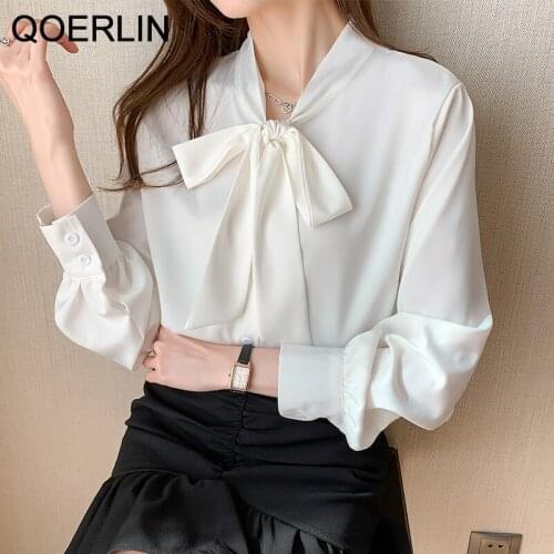 QOERLIN 2021 Spring New Style French Long Sleeve Temperament Stand-up Collar Chiffon Shirt Bowtie Loose White Shirt Blouse Women
