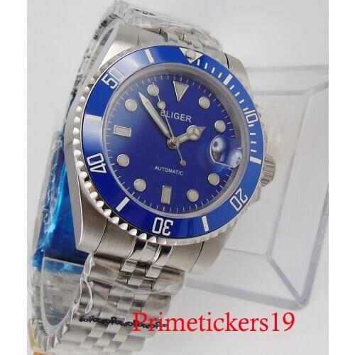 BLIGER blue dial 40mm sapphire crystal round stainless steel case luminous hand auto date bracelet clasp miyota/nh35 movement
