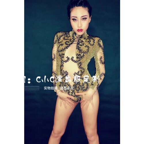 Sexy Gold Black Rhinestones Bodysuit Fashion Women Shining Dance Wear Costumes Stage Clothing Party Birthday Leotard Wear