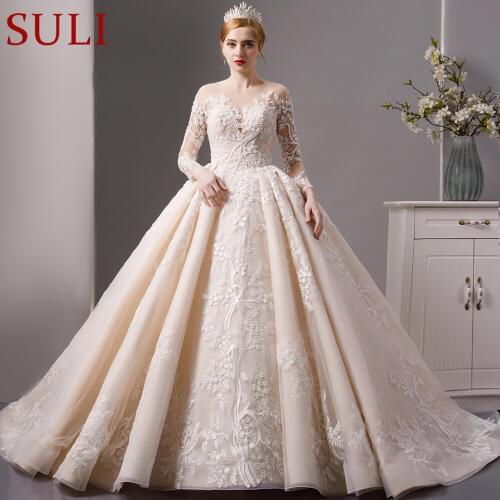 SL-6064 luxury shinny lace ball gown wedding dresses 2019 long sleeves muslim wedding bridal dress
