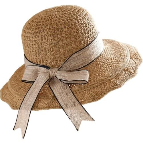 Spring Summer Knitting Sun Hats Womens Sun Protection Sun Hat Korean Cotton Knit Hat Hollow Ribbon Basin Foldable Beach Hat