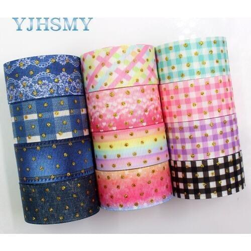 YJHSMY G-18808-866, 25 mm 5 yards Cartoon golden glitter printed grosgrain ribbon DIY headdress wedding gift packaging material